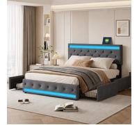 Lit Double 180x200cm, Lit Capitonné avec 4 tiroirs, Lits 2 Personnes avec Lumières LED et Port USB, pour Adultes, Lin, Gris Foncé