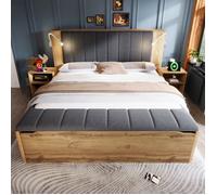 Lit double 180x200cm lit coffre tête de lit rabattable 2 chevets banquette de lit liseuse avec USB sommier à lattes Bois chêne