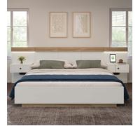 Lit Double Adulte 160×200 Chêne Sonoma Blanc,2 Tables de Chevet USB-C,Grande Tête de Lit LED, Sommier à Lattes, Chambre Complète