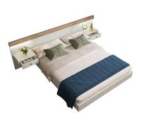 Lit double adulte 160x200 cm avec 2 tables de chevet LED et prise, bois, blanc et chêne