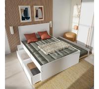 Lit double ALPHA 140x190 + 2 tiroirs + tiroir lit 90x190 avec sommier + chevet / Blanc