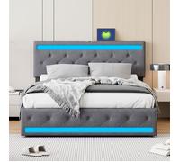 Lit double avec 4 tiroirs en fer forgé -180x200 cm- Anajqaqia - Lit coffre - Structure de lit de chambre - Tissu en lin - Gris foncé