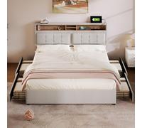 Lit double avec 4 tiroirs et prise USB-C, lit rembourré 140 x 200 cm, tête de lit réglable en hauteur, sommier à lattes en bois (matelas non compris)