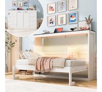 Lit double avec bande lumineuse et poignée vintage - Cadre de lit pliable peu encombrant pour chambre à coucher, chambre d'amis, bureau à domicile - Design élégant d'armoire en bois (blanc/marron)