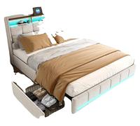 Lit double avec espace de rangement, tête de lit à tiroirs, design moderne, beige, 90*200 cm