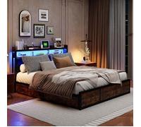 Lit double avec lumière LED, tête PU noir à deux niveaux & rangement, bois/acier, 4 tiroirs,sommier lattes métal, couleur peau tigre