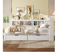 Lit double avec rangement 140×200 cm blanc, aggloméré, 2 tiroirs, prise électrique, ports USB, sommier à lattes