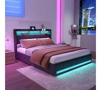 Lit double avec rangement, éclairage LED, 4 tiroirs, fonction de rangement, charge USB, assemblage rapide, structure de lit en métal et en lin, style classique, pour adultes