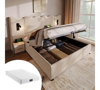 Lit double avec sommier tapissé, dimensions 160x200 cm, équipé d'une lampe de lecture et d'une fonction de charge USB Type-C. Structure de lit avec rangement, sommier à lattes en bois massif et métal,