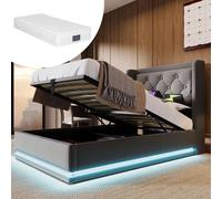 Lit double avec sommier tapissé, dimensions 90x200 cm, tissu en coton gris. Lit coffre avec système hydraulique, tête de lit rembourrée avec fonction de charge USB de type C