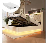 Lit double avec tête de lit capitonnée, fonction LED 360°,par bouton-poussoir, application ou télécommande, dimensions 140*200 cm, en matériauPolyuréthaneblanc. Lit avec système de levage hydraulique
