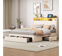 Lit double avec tiroirs 160x200 cm, avec 4 tiroirs en fer, avec éclairage LED, station de recharge USB et Type-C, tissu velours, adapté aux adultes et adolescents - Beige