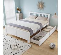 Lit double avec tiroirs, dimensions 140 x 200 cm, lit en bois avec tête de lit et sommier à lattes, style simple, lit pour enfants, adolescents ou adultes, structure en bois de pin, couleur blanche