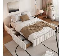 Lit double beige 140×200 cm en velours, sommier inclus, 4 tiroirs, structure solide, montage nécessaire