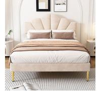 Lit double beige en forme de coquillage 140 x 200 cm par O.Ye avec pieds en fer forgé doré et tête de lit réglable en hauteur