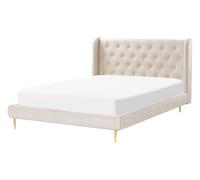 Lit Double Beige en Velours 140 x 200 cm avec Tête de Lit Capitonnée Glam Forbac