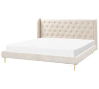 Lit Double Beige en Velours 180 x 200 cm avec Tête de Lit Capitonnée Glam Forbac