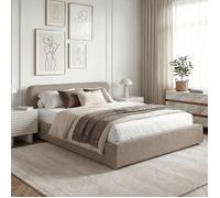 Lit double BELARTI 140x190 cm rembourré, Revêtement en tissu Grège, Lit style moderne pour 2 personnes, Cadre avec sommier inclus