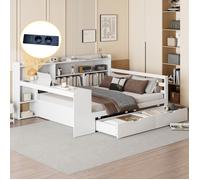 Lit double blanc 140×200 cm avec bureau, rangements intégrés et prise USB, structure solide, montage nécessaire