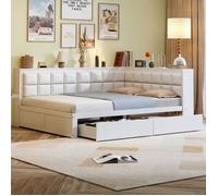 Lit double blanc 140×200 cm avec rangement intégré, dossier rembourré, structure solide, montage nécessaire