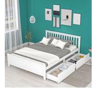 Lit double bois 140x200cm avec 2 tiroirs de rangement et sommier à lattes pour enfant adulte - blanc