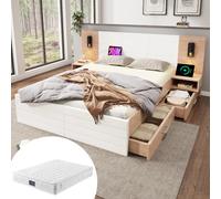 Lit double bois 160x200, 2 tiroirs, lumière USB, style moderne, 2 tables de chevet (avec matelas)