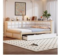 Lit double bois naturel 140×200 cm avec dossiers rembourrés, 2 tiroirs, sommier inclus, montage nécessaire