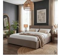 Lit Double CALM Rembourré 160 x 200 cm Queen Size Beige Confort Optimal avec Sommier à Lattes Inclus Tête de Lit en Tissu