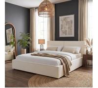 Lit Double CALM, Rembourré 160 x 200 cm Queen Size, Blanc Crème, Confort Optimal avec Sommier à Lattes Inclus, Tête de Lit en Tissu