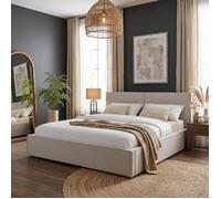 Lit Double CALM, Rembourré 160 x 200 cm Queen Size, Gris, Confort Optimal avec Sommier à Lattes Inclus, Tête de Lit en Tissu