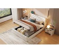 Lit Double Capitonné 140 X 190 Cm Avec Rangement Et Éclairage LED, Liseuse Rechargeable, Beige