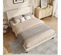 Lit double capitonné 140x200 Tête de lit capitonnée,Sommier à lattes inclus,Design Matelassé,Montage facilec,Lin Beige