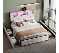 Lit double capitonné 140x200cm, lit avec 2 USB intégrées, 4 tiroirs de rangement, table de chevet avec bande lumineuse rgb, beige