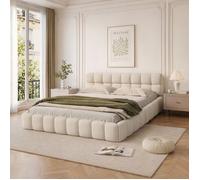 Lit double capitonné 160 x 200 cm, Lit adulte avec sommier et dossier moelleux, style scandinave, lin, beige