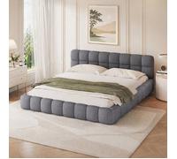 Lit double capitonné 160 x 200 cm, Lit adulte avec sommier et dossier moelleux, style scandinave, lin, gris
