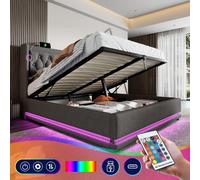 Lit double capitonné 180x200, gris coton, rangement hydraulique, tête de lit USB-C, LED 3 faces (sans mat)