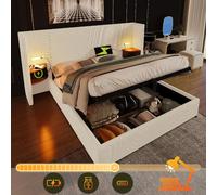 Lit double capitonné 180x200, table de chevet, lumière USB-C, rangement, cadre bois/métal, blanc cassé mouton (sans mat)