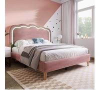 Lit double capitonné - LEYTN - 140 x 200 cm, avec sommier à lattes, éclairage LED, tête de lit réglable, velours -Rose