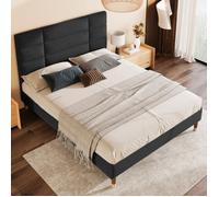 Lit double capitonné -LEYTN-140x200 cm, avec tête de lit et sommier à lattes, linge de lit, matelas non inclus - Noir