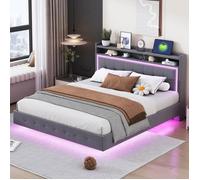 Lit double capitonné - LEYTN - 160x200cm - Tissu lin - Prise USB - Lumières LED colorées