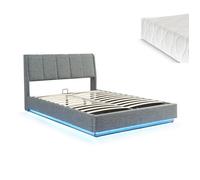 Lit double capitonné Tröstiar avec éclairage LED et matelas 140 x 200 cm anthracite