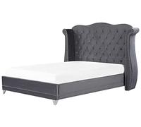 Lit Double Capitonné Type Chesterfield en Velours Gris avec Haute Tête de Lit Boutonnée 180 x 200 cm avec Sommier pour Chambre Glamour Vintage Beliani