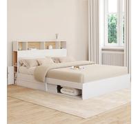 IDMarket Lit double CLEM avec rangements, tête de lit et sommier 160 x 200 cm blanc et hêtre