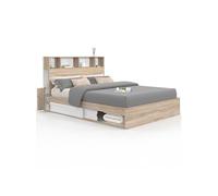 Lit double CLEM avec rangements + tête de lit et sommier 140 x 190 cm hêtre et blanc
