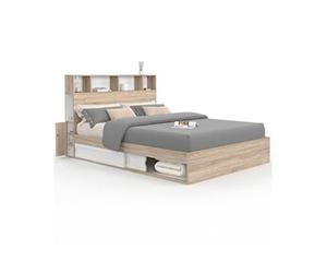 Lit double CLEM avec rangements + tête de lit et sommier 140 x 190 cm hêtre et blanc