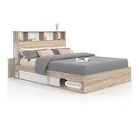 Lit double CLEM avec rangements + tête de lit et sommier 140 x 190 cm hêtre et blanc