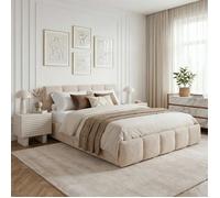 Lit Double CLOUDY, Lit Rembourré 160 x 200 cm Queen Size, Beige, Design Bubble, Confort Optimal avec Sommier à Lattes Inclus