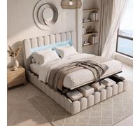 Lit Double Coffre 160x200 cm,Lit Bulle Rembourré avec Espace de Rangement Hydraulique,Lit 2 Places 140x200,Cadre de Lits avec Sommier à Lattes pour Adults et Ado,sans Matelas,Tissu en Lin,Beige