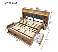 Lit double coffre 180x200 cm effet chêne avec tête de lit LED chevets USB-C tiroirs et sommier bois sans matelas