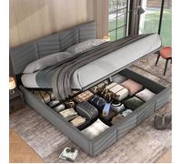 Lit double coffre gris 180×200 cm, sommier inclus, tête de lit réglable, structure solide, montage nécessaire